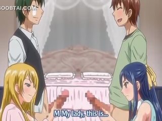 Hard up hentai girls competing on best handjob in